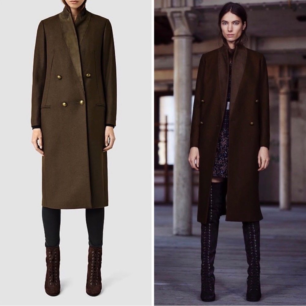 Allsaints Una Wool Long Coat Moss Green